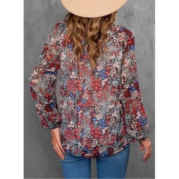 Casual Boho Sheer Floral Print V Neck Long Sleeve Tunic Lined Red and Blue - Picture 11 of 12